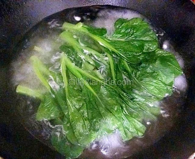 锅中烧开水，放入洗净的菜心，滴几滴油和一勺盐。
加油是为了使颜色更翠绿，放盐是为了让菜心更入味。