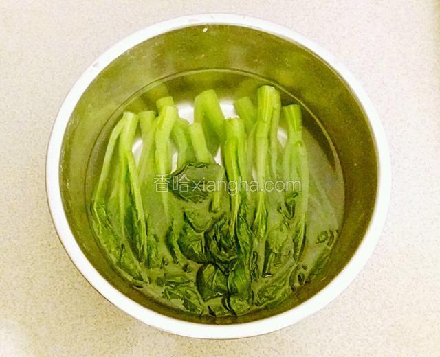 煮至菜心茎部中心变为透明，将菜心从锅中捞出，放入凉水中冷却。
这一步就是为了使菜心的口感更脆。

