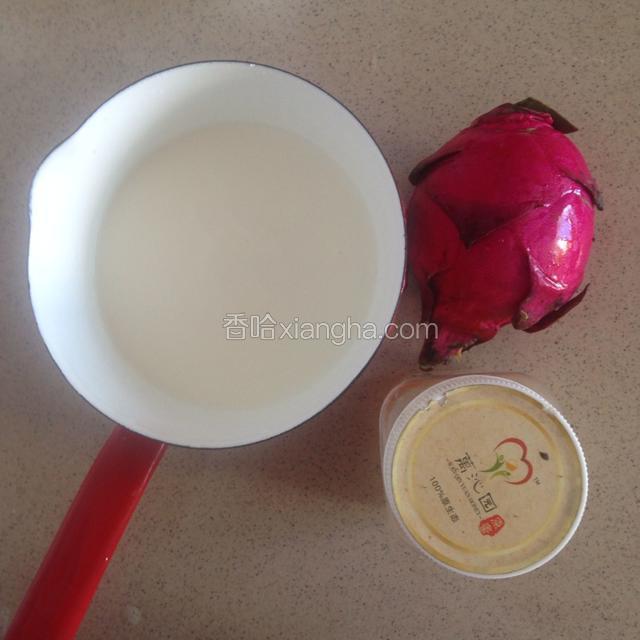 备好所需材料，酸奶倒入适量的蜂蜜搅拌均匀，火龙果切小块