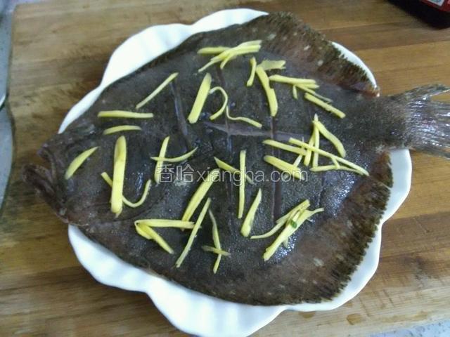 把腌好的多宝鱼摆在盘里，表面也铺些姜丝