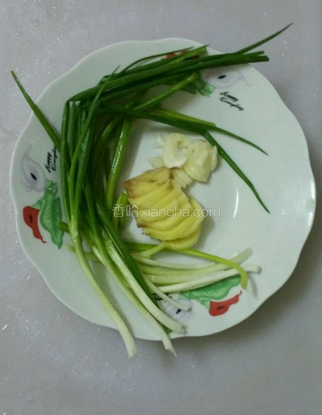 葱洗净，蒜拍碎，姜切片