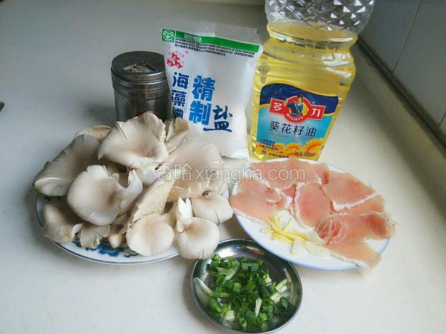 材料：洗干净的平菇、味精、盐、植物油、里脊肉片、葱花、姜丝、蒜片