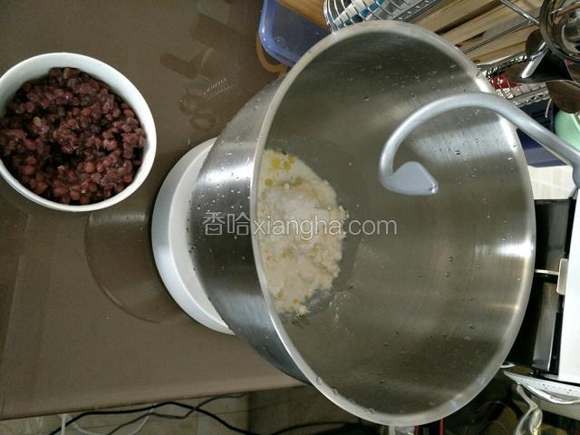 红豆是之前已经煮好放元真糖了冷藏，需要的友友们可以找下我的益糖蜜红豆食谱。
QQ面包粉+元真糖+牛奶，都投入搅拌盆(没有厨师机的话，用打蛋器或手动搅拌也可以)