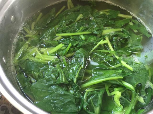 菠菜切段放入开水锅中烫熟。