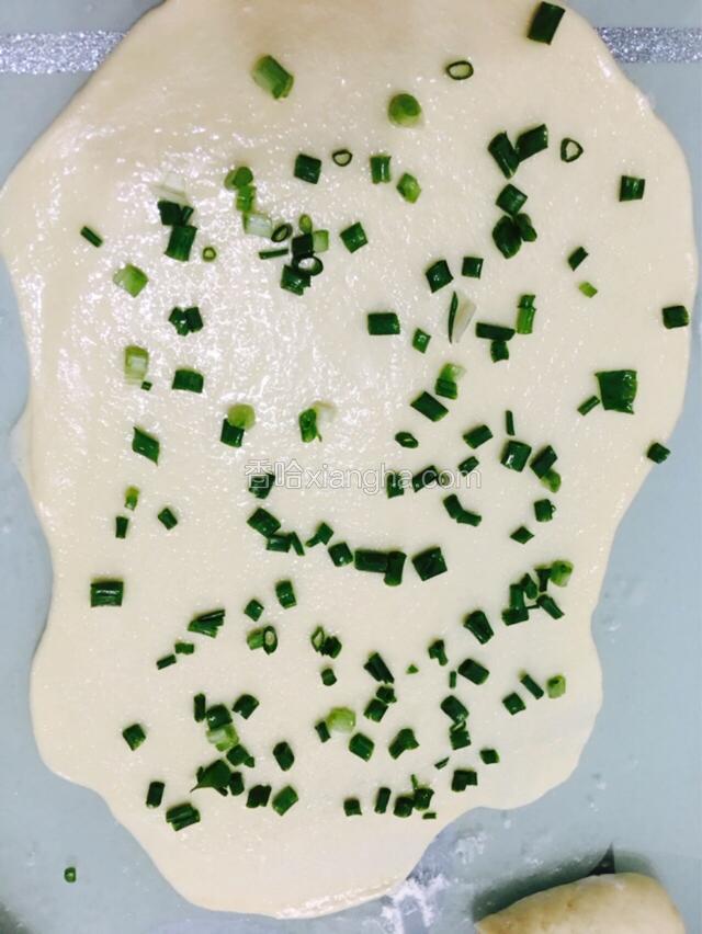 用擀面杖擀开，洒上葱花和盐粉