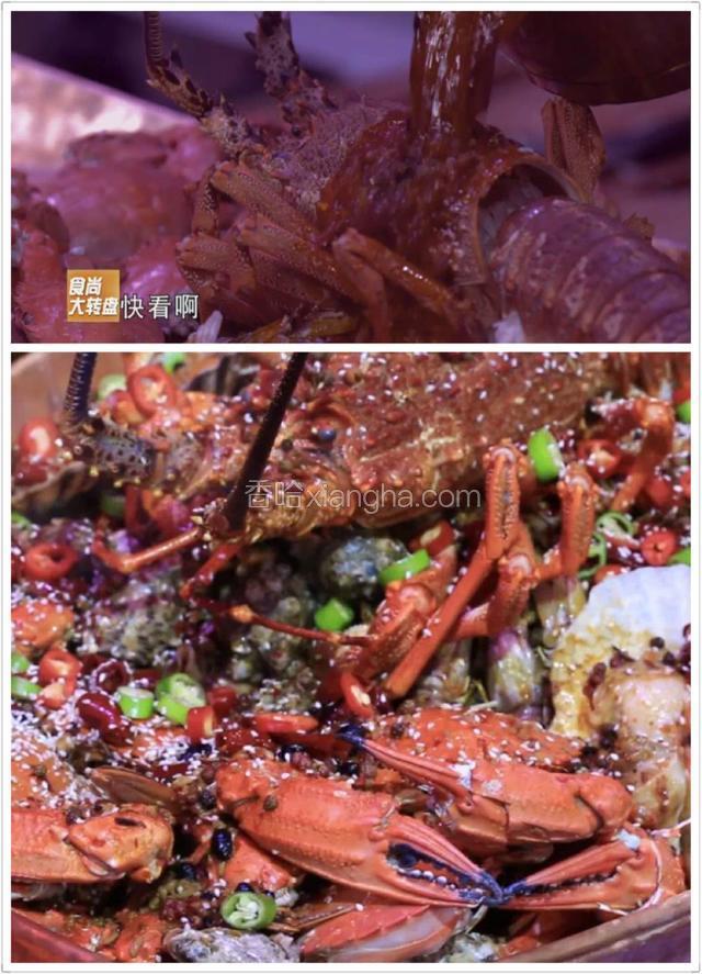 烹制好的海鲜摆放上船，撒上熬制好的麻辣汁撒上芝麻，大功告成！海鲜大船起航咯！
