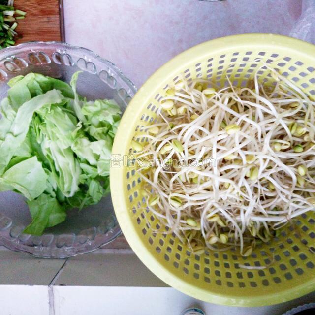 豆芽洗净，卷心菜切丝备用