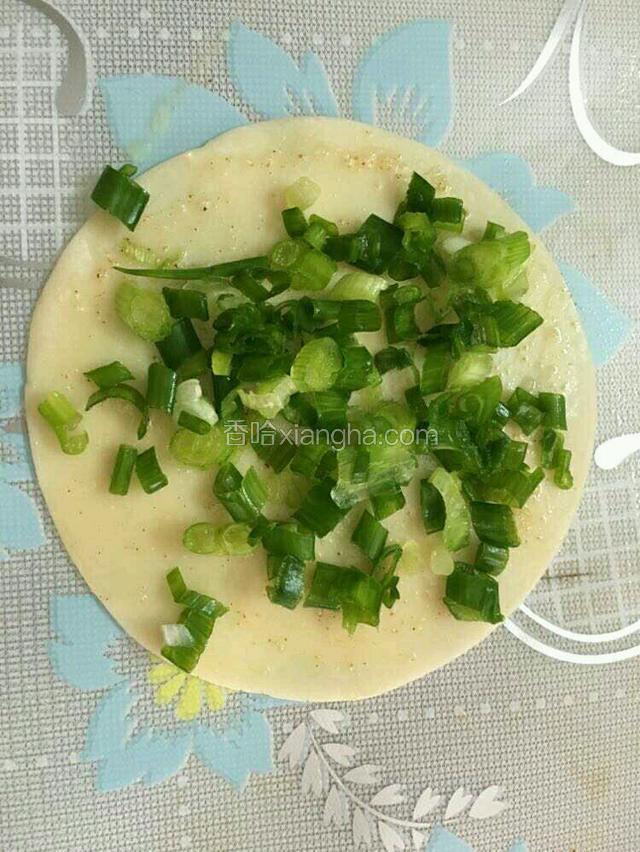 饺子皮刷一层油（上一步的混合物）忘记拍图了，哈哈哈，撒上葱花。