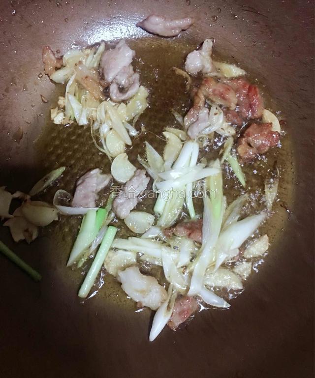 加入蒜片和一半的葱白