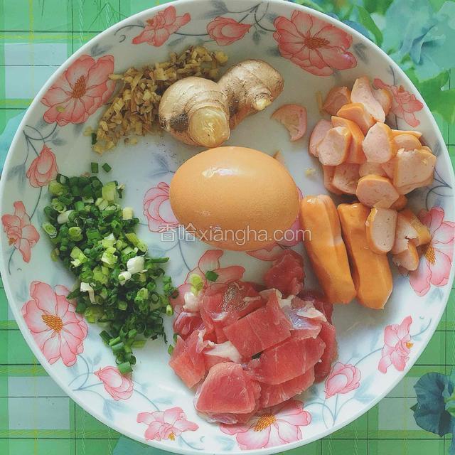 米飯是午餐吃剩的(一人量)
豬肉要切片 (適量放)
芝士脆皮腸兩條也要切片！
蔥要切粒！
薑要切碎哦！
雞蛋最後放的所以不用先攪爛！