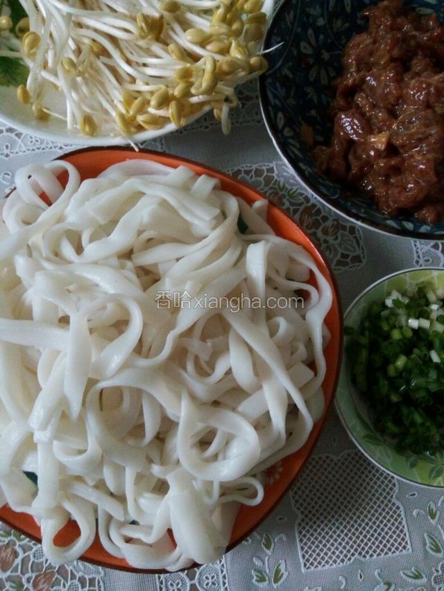 准备食材，黄豆芽洗净，韭黄洗净切段，牛肉切片，葱切末。
