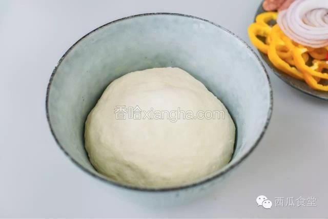 这时候面团就已经发酵至原来的两倍大小了，排气擀成合适大小，
我用的是42升烤箱自带的烤盘，面饼大致有12寸那么大。