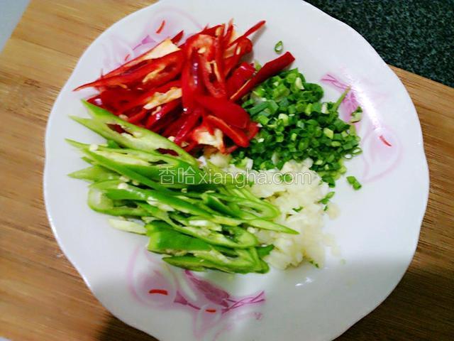 青，红椒切丝，小葱，蒜，切末，备用