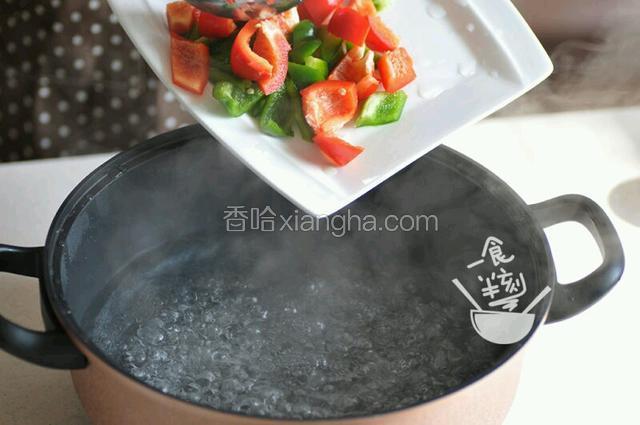 切好的红绿甜椒灼水一分钟，过冷水备用