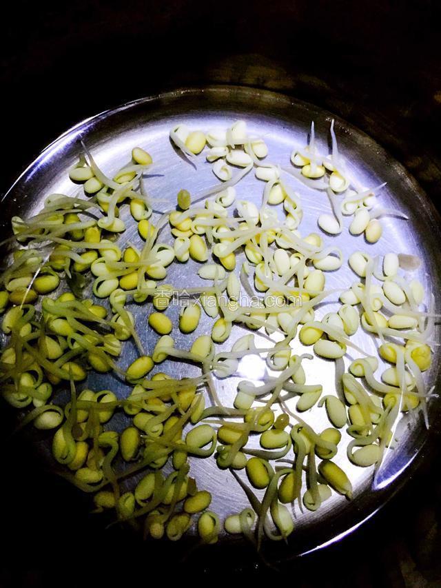 黄豆芽过水煮熟捞出。