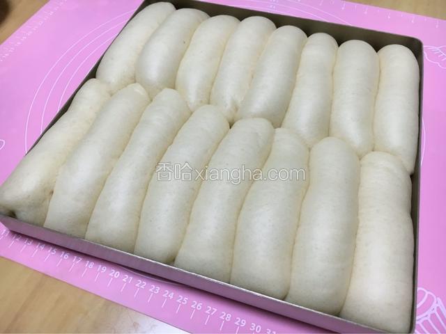 进行二次酵。面团放入温度38度，湿度85%的条件下最后发酵。我是放在烤箱中，放入一碗开水增加湿度，面团是刚做好时的两倍大就可以了，取出烤盘，烤箱160度预热。
