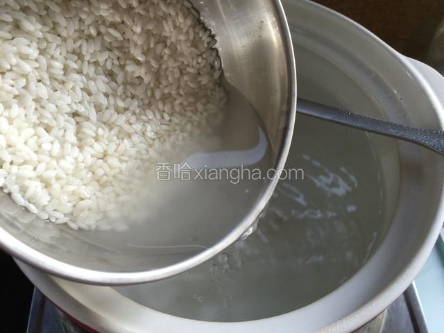 把泡好的大米倒入砂锅中。