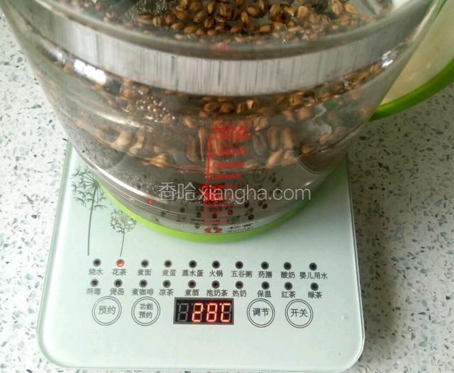 大麦茶洗净，放进养生壶内，加水1500ml，按花茶键，开始煮