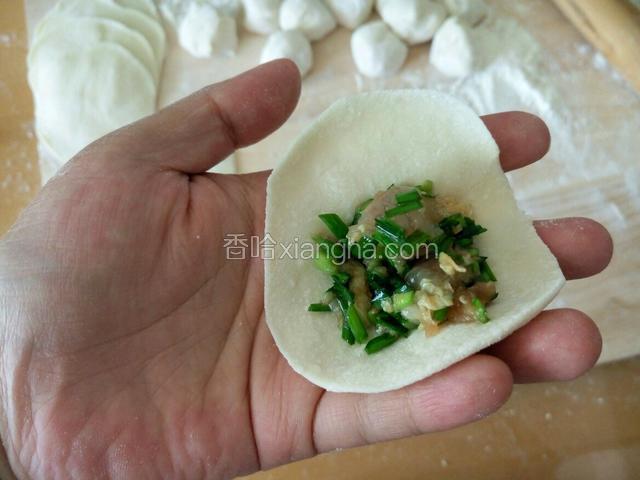 取适量馅放在饺子皮儿中