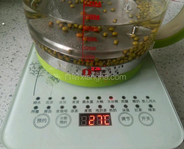 泡好的绿豆倒入养生壶内烧开煮10分钟