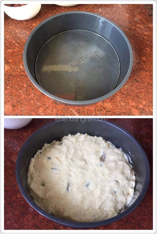 模具抹上一层薄油，再倒入搅拌好的面糊，手粘一下清水再把面糊拍平整了！
盖上保鲜膜放温暖处发酵至两倍大（发酵好了会有明显的蜂锅状）