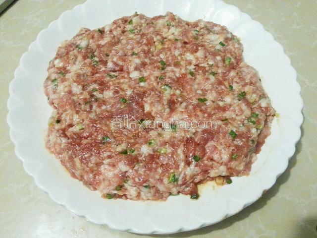 将肉馅搅拌均匀，将肉馅弄成圆形压平压实