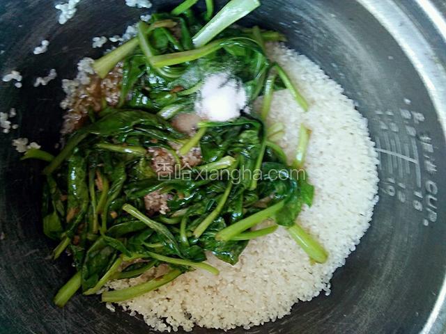 把小青菜倒进电饭锅里加入适量的盐放水进去煮饭，水要比平时做米饭的水多放一点，一碗米，半锅水的样子，按下煮饭键跳灯就可以了