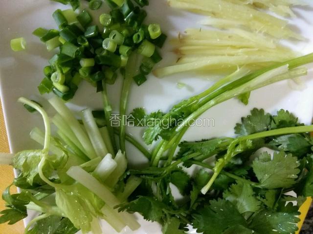 配料，姜丝，葱花，芹菜，香菜