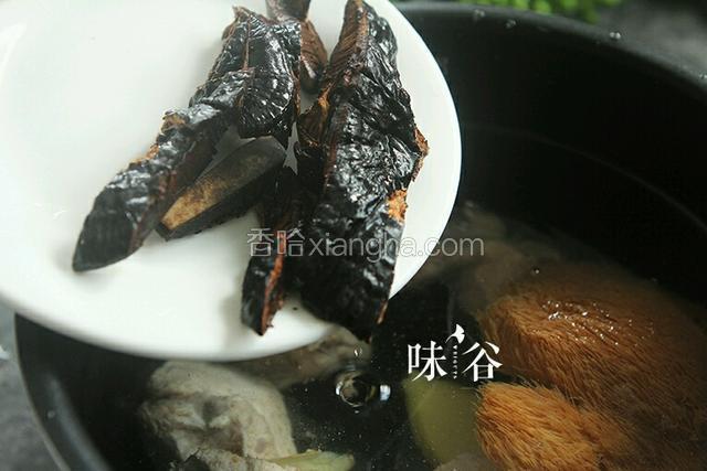 将剪成小块的猴头菇、灵芝、洗好的猪骨放进锅里，加适量清水，大火烧开后转小火炖1个半小时。
