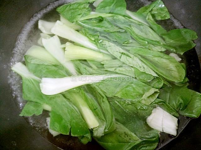 锅中烧开水加盐，少许油下油菜焯熟，捞出时过凉水。