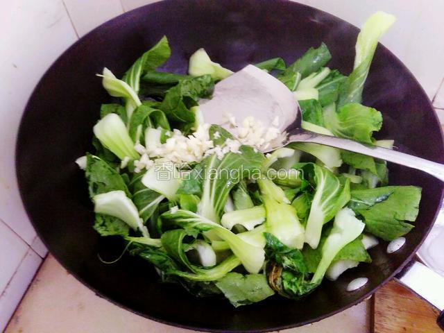 锅里放入猪油和花生油，把青菜倒进去蒜拍碎（忘了拍照）放进去加入盐快速翻炒几下就可以了！