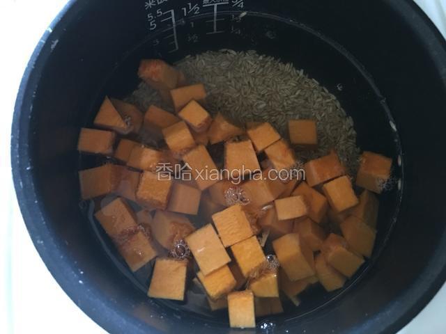 把燕麦米和泡米的水一起放入电饭煲，再放入南瓜，加适量水。