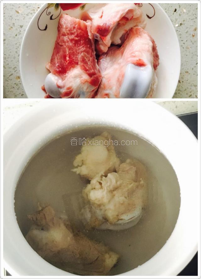 猪骨洗净，用沸水焯过之后过冷河，洗净沥干
