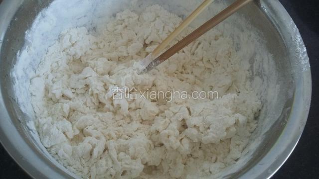 用筷子边倒盐水，边和面，搅成絮状。
