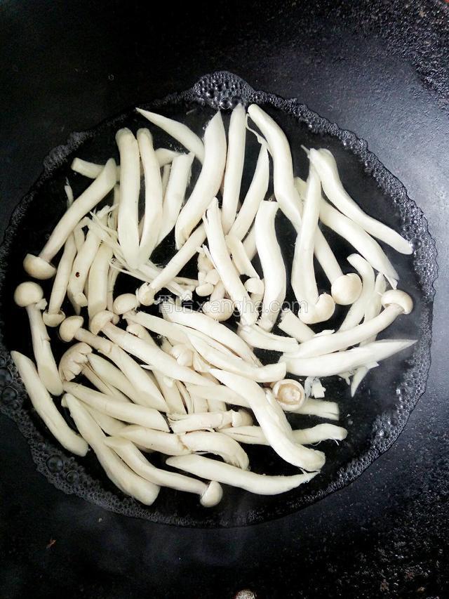 锅内加水，水开后放入切好的海鲜菇，加适量盐，烧烫一下捞出备用！