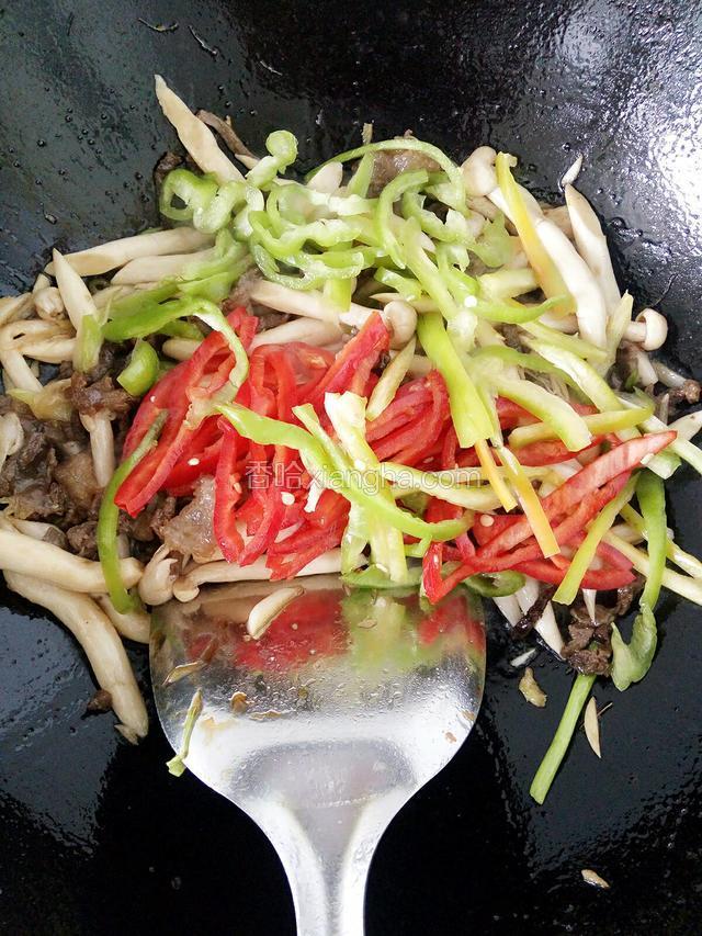 加入青红椒丝，快速翻炒，加入适量盐