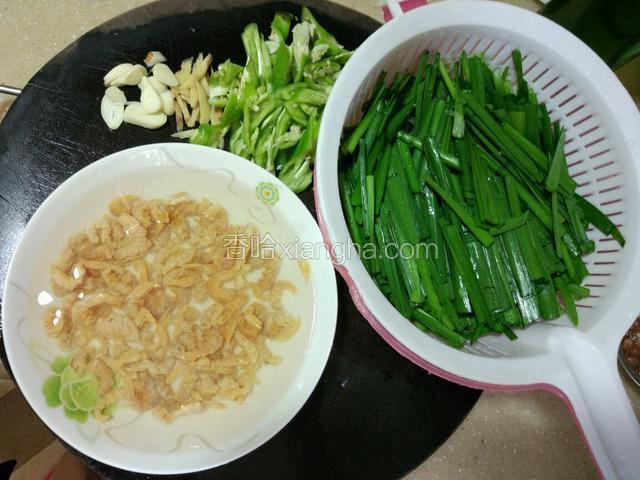 准备下食材，干河虾放水泡15分钟左右！大蒜切片，姜切丝，辣椒切菱形，韭菜切段，备用！