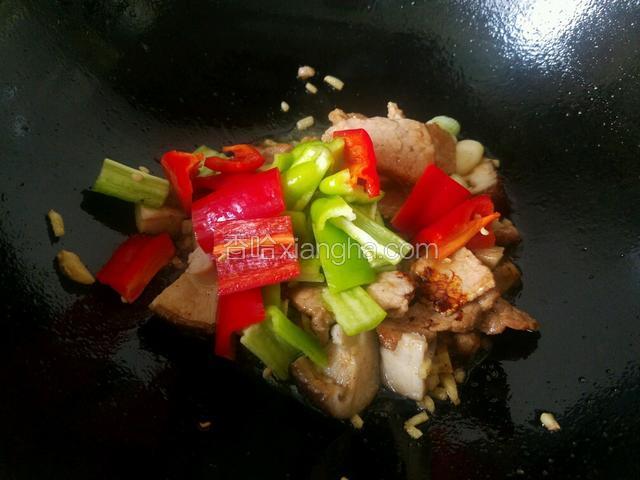 然后放入划好的牛肉,青椒,红椒十三香,盐。