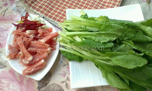小白菜摘洗干净，肉切成条，葱姜辣椒切丝