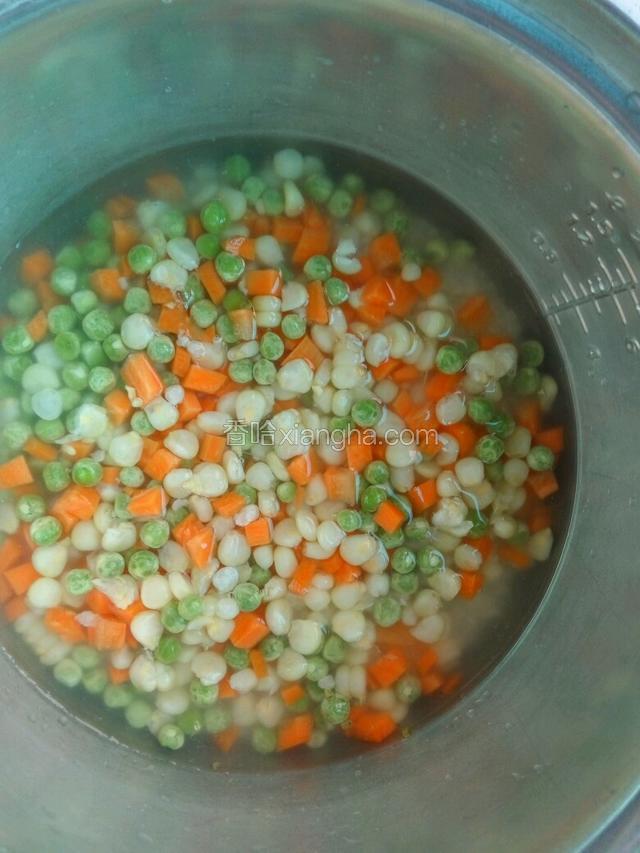 将蔬菜粒放入米锅里加入适量水开始煮饭。