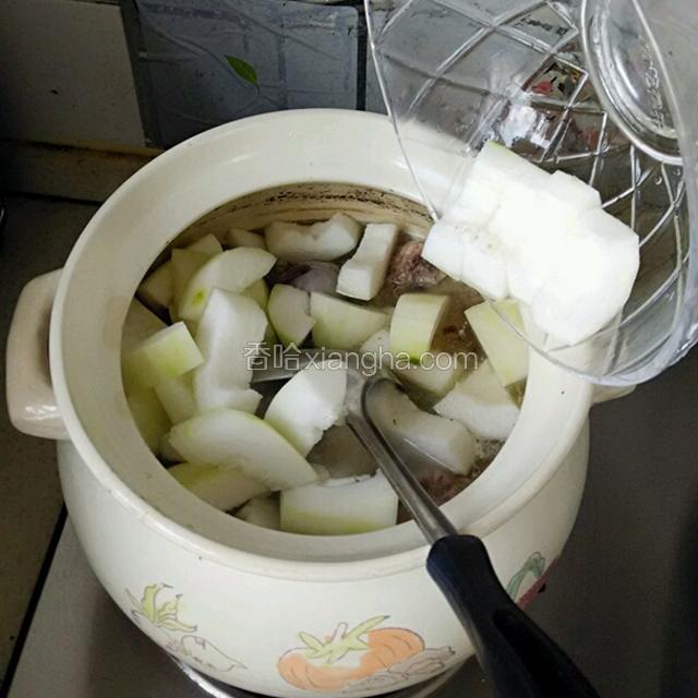 将切好的冬瓜倒入锅中，继续中火煮一会，加适量盐调味。