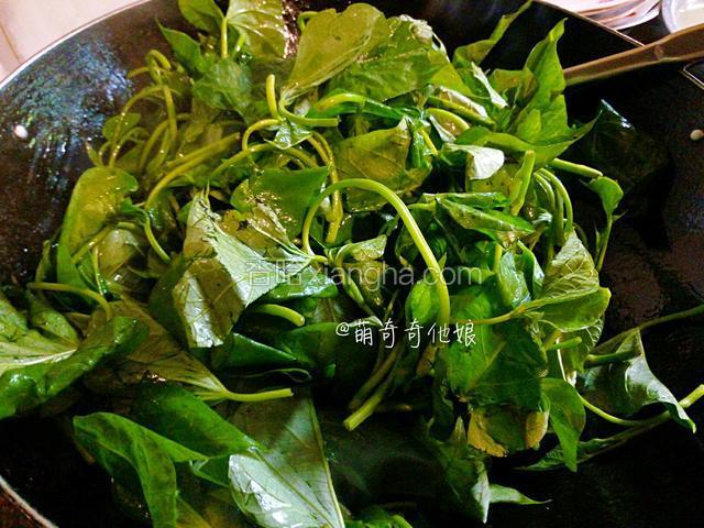 倒入红薯叶，转大火翻炒。