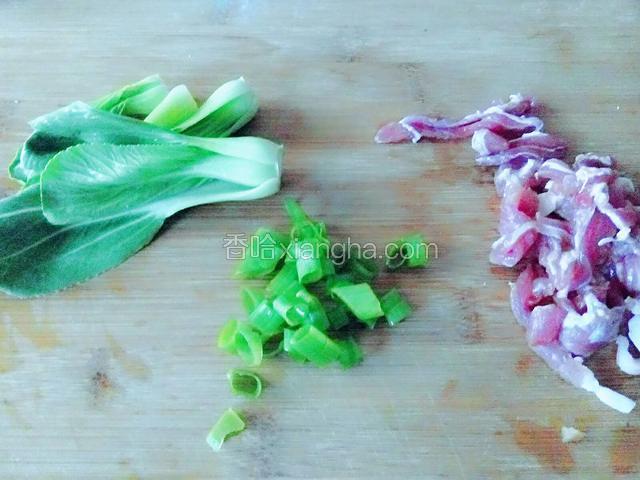 准备材料，肉切丝，葱切碎
