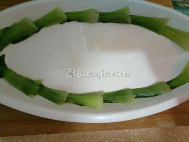 油菜焯水过凉开水后码入盘子四周