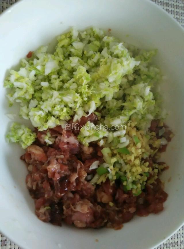 将白菜末放入羊肉馅中，再放入葱姜末