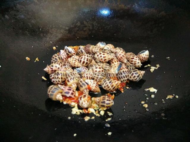 放海螺入锅翻炒