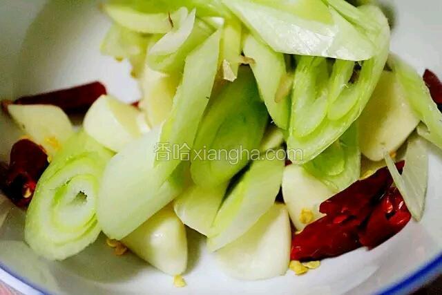 准备材料：大葱，大蒜，姜丝，干辣椒