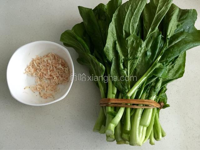 准备油菜、海米和蒜瓣。