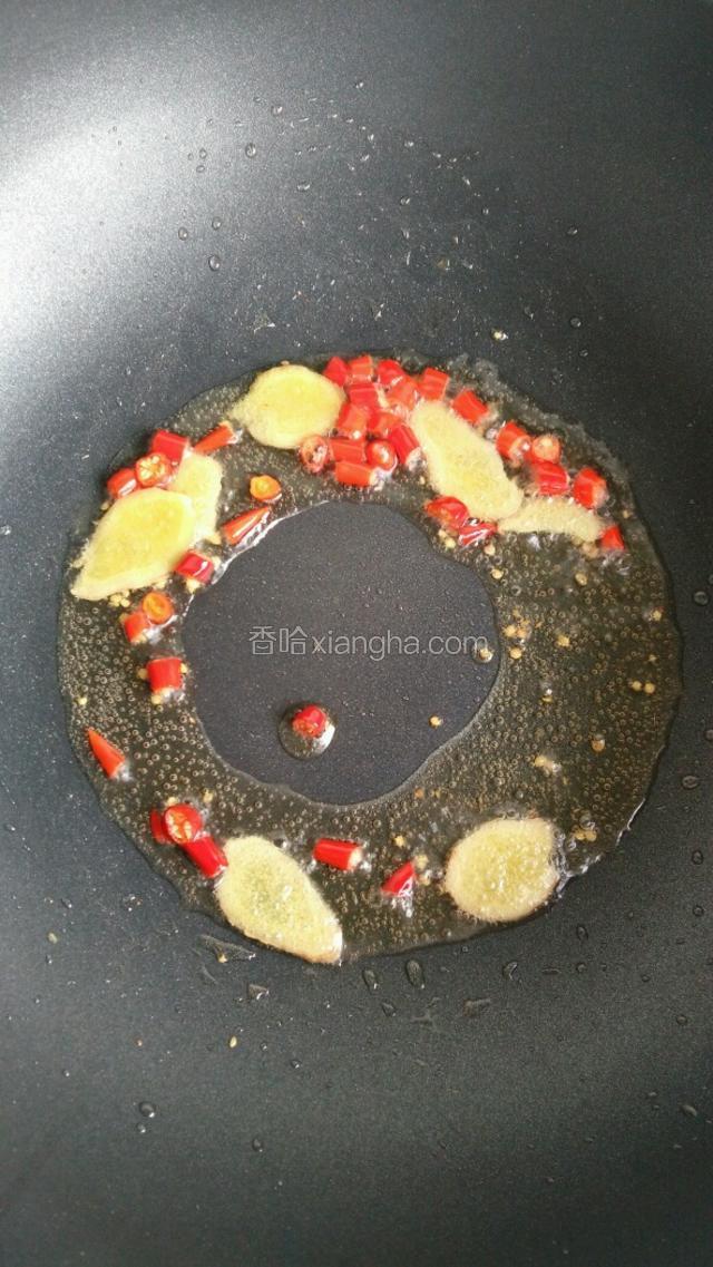 热油锅，倒入姜和小米椒，小火煸香。