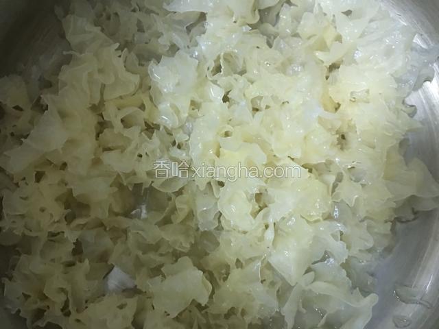 数小时后把泡发好的银耳用剪刀剪碎